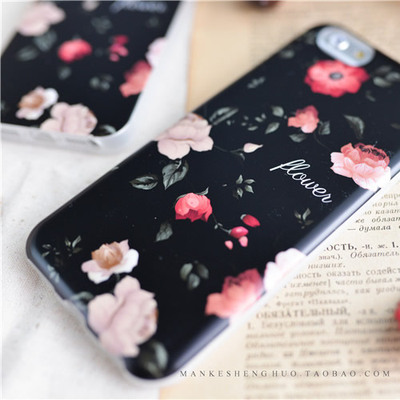 韩国气质黑色大花苹果6 iphone6s plus手机壳创意5.5硅胶防摔潮女