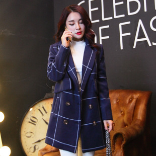 圣羽岚2015冬季新款韩版中长款呢子大衣双排扣直筒格子毛呢外套