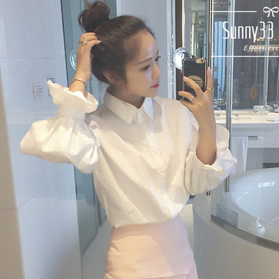 新款学生灯笼袖大码衬衫韩版女士修身时尚气质甜美泡泡袖白衬衣秋