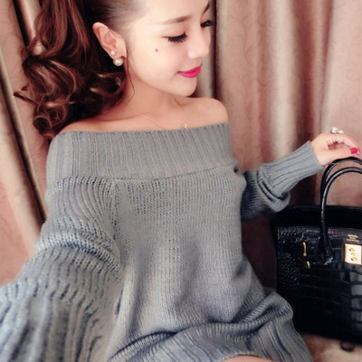 2015秋装新品韩版性感一字领针织衫上衣露肩两穿修身包臀针织毛衣