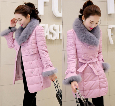 冬装韩国修身时尚显瘦喇叭袖大毛领pu皮棉衣女中长款羽绒棉外套