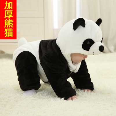 婴儿冬季连体衣加厚0-3-6个月宝宝外出熊猫哈衣卡通儿童棉衣爬服