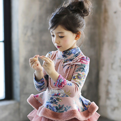 韩国童装2015冬装新款韩版女童清新甜美风高领碎花加绒儿童裙T恤