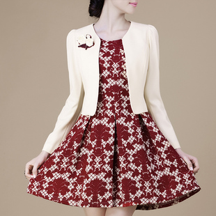 纤衣良品2015秋装新款女装气质印花修身女连衣裙长袖两件套短裙