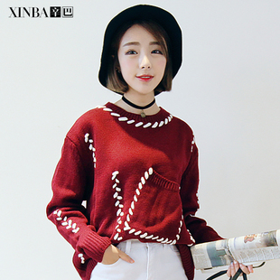 2015秋装新品女套头韩版宽松外套中学生针织衫口袋潮