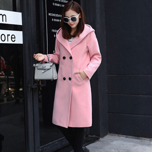 2016冬季新款韩版女装连帽修身显瘦时尚中长款毛呢外套呢子大衣女