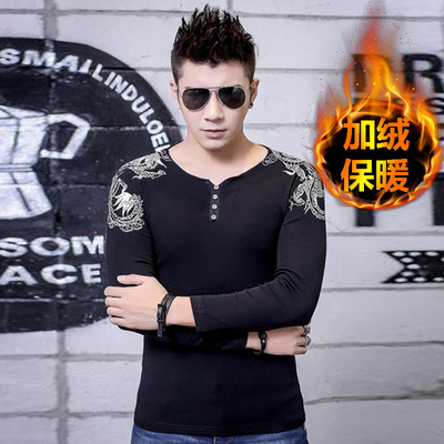 2015韩版新款男士修身加绒加厚休闲v领打底衫保暖长袖T恤上衣潮