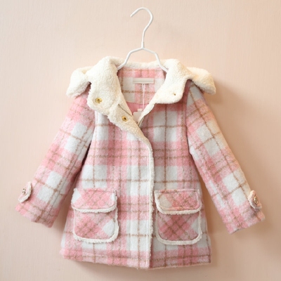 韩国代购女童装 2015秋冬装童装女童格子羊羔绒呢子外套 宝宝大衣