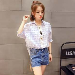 2016夏季新款韩国学生小格子休闲宽松短袖衬衫外穿衬衣女上衣开衫