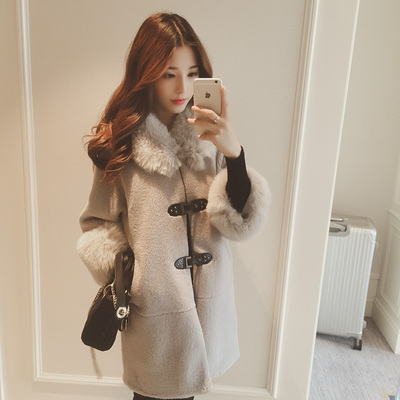 2015冬季新款韩版羊羔毛拼接毛领单排扣修身中长款毛呢外套女保暖