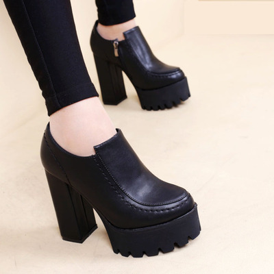 2015秋季新款韩版黑色厚底粗跟女鞋侧拉链防水台短靴超高跟马丁靴