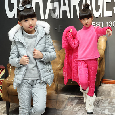 韩版高领连帽女童三件套 冬装新款中大童女毛领套装厂家一件代发