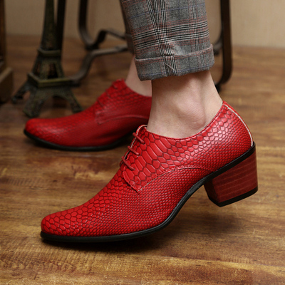 英伦蛇皮纹增高6CM皮鞋男士高跟鞋发型师潮鞋红色尖头个性男鞋潮