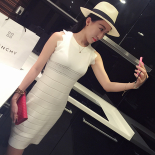 2015夏装新款 韩版修身显瘦无袖波浪肩带镂空百搭针织连衣裙短女