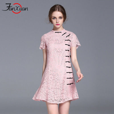 轻奢品牌FanXuan新款中国风复古改良短款水溶绣花蕾丝连衣裙