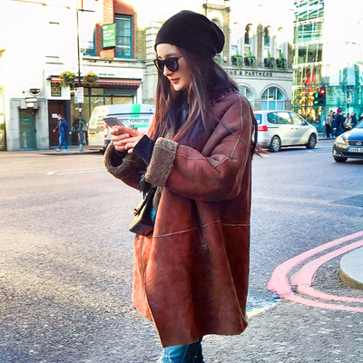2015欧洲站大码女装伦敦街拍同款外套皮衣羊羔绒中长款加厚大衣女