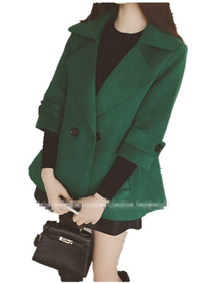 2015秋季韩国新款纯色加厚两粒扣五分袖时尚尖货翻领毛呢外套女