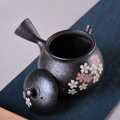 日本进口茶器 常滑烧天目釉茶壶 昭龙手作 手绘茶花茶壶 日本花壶