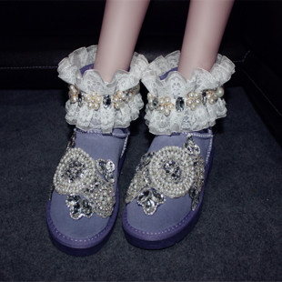 妖狐族奢华原创设计可爱梦幻紫珍珠手缝名媛女仆校园风真皮雪地靴