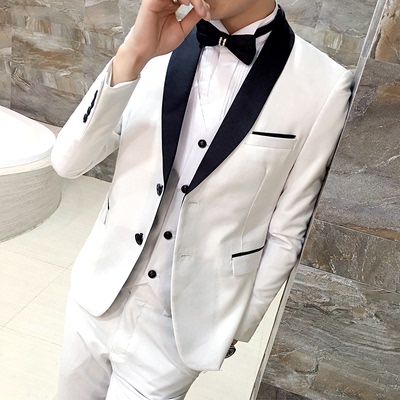新郎结婚礼服西服套装男士小西装主持人晚礼服韩版修身白色三件套