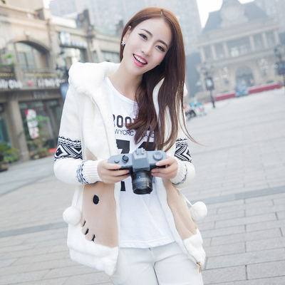 2015韩版冬季新款直筒保暖毛衣休闲长袖卡通连帽外套短款女装潮
