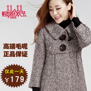 女装2015冬季新款韩版修身千鸟格羊毛呢大衣中长款翻领羊毛呢外套