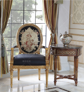 高端定制法式新古典金箔做旧休闲椅 欧式雕花带扶手实木餐椅书椅