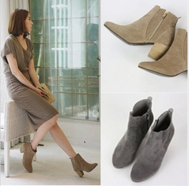 2015秋季新品韩国正品代购时尚尖头粗跟高跟磨砂皮罗马短靴女靴