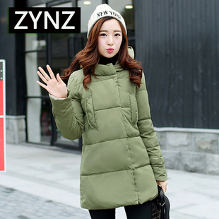 2015冬装新品韩版大牌修身中长款连帽加厚军绿色棉衣女外套棉袄子