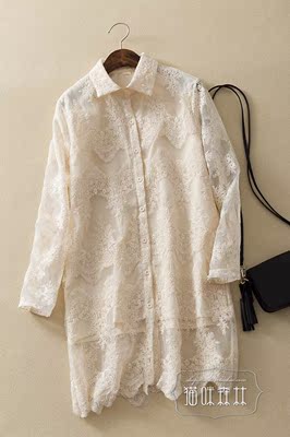 2015春装新款女装 宽松刺绣蕾丝中长款长袖衬衫衣