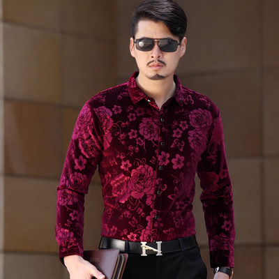 2015春季新款中年男士长袖花衬衫金丝绒衬衣商务休闲修身男装正品