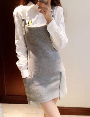 2015秋冬韩国东大门显瘦口袋背带裙两件套学院风减龄套装连衣裙潮