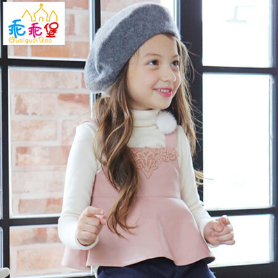 儿童秋冬装新款韩版童装2015女童T恤高领打底衫吊带皮衣两件套装