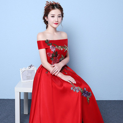 轻奢品牌梵炫FanXuan新款结婚一字肩长款回门宴会红色晚礼服