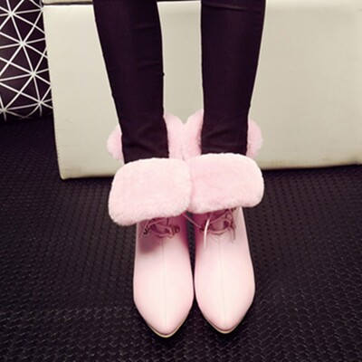 欧洲站   秋冬品牌真皮羊毛短靴坡跟尖头白粉色系带内增高马丁靴