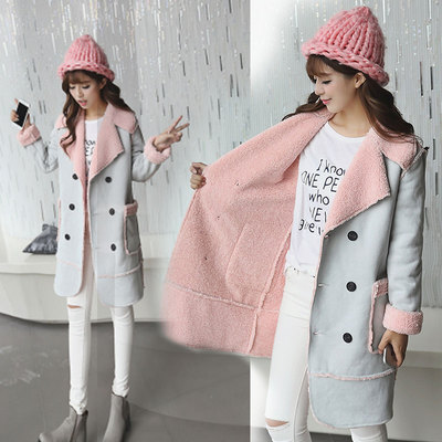 2015秋冬新款韩版羊羔毛鹿皮绒棉衣女中长款外套甜美翻领夹克加绒