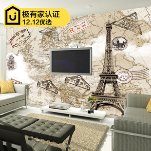 欧式3D立体客厅电视背景墙壁纸无纺布墙纸大型壁画地图埃菲尔铁塔