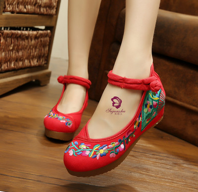 绣花鞋民族风老北京布鞋女式广场舞蹈鞋厚底内增高坡跟红色布舞鞋