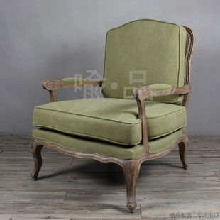 美式乡村单人沙发椅/绿色特种面料卧室沙发椅/法式实木橡木定制椅
