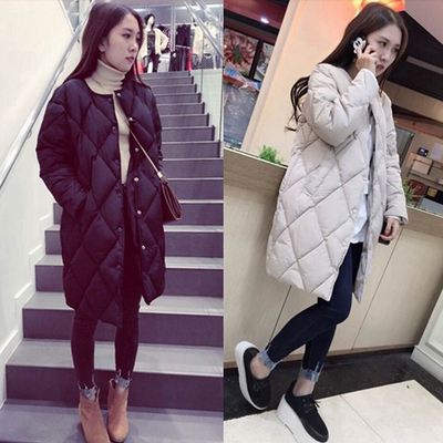 韩国新品2015冬中长款菱形格加厚保暖羽绒棉衣面包棉服外套棉袄女