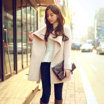2015冬季新款韩版时尚大翻领显瘦中长款羊绒毛呢外套女加厚呢大衣