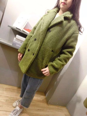 冬装新款韩版momoda羊羔毛保暖西装毛呢外套中长款字母茧型大衣女
