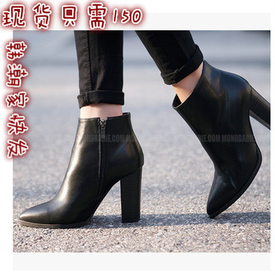 韩国代购女靴欧美街头时尚气质短靴侧拉链尖头高跟显瘦加绒马丁靴