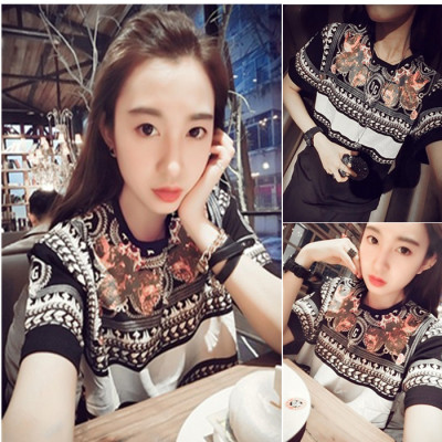 2015春夏韩版新款民族复古风 冰丝棉印花图案圆领显瘦潮人T恤