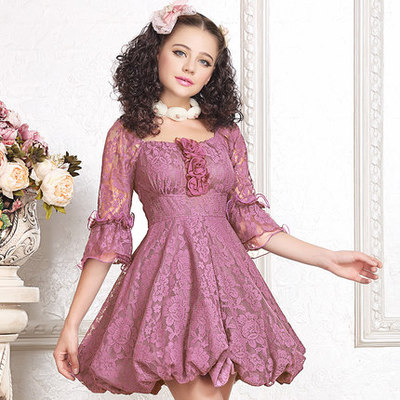 花儿开了秋冬新款紫色灯笼裙复古洋装洛丽塔蕾丝连衣裙甜美公主裙
