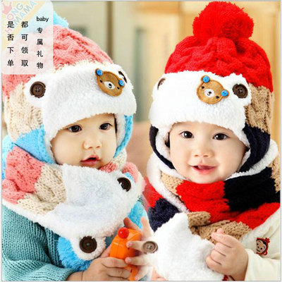 韩版秋冬季婴儿帽子男女儿童护耳帽宝宝帽毛线帽围巾围脖二件套