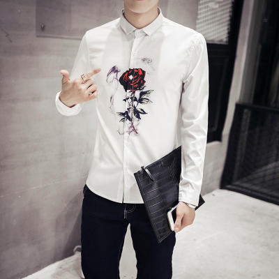 秋季男士长袖衬衫韩版修身青少年玫瑰花印花学生小领衬衣休闲潮装