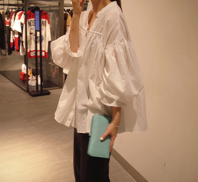 韩国代购女装2016秋冬新款立领系带褶皱长袖衬衫