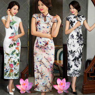 2015夏秋季新款丝绸旗袍长款大码中式改良修身显瘦连衣裙中长款qp