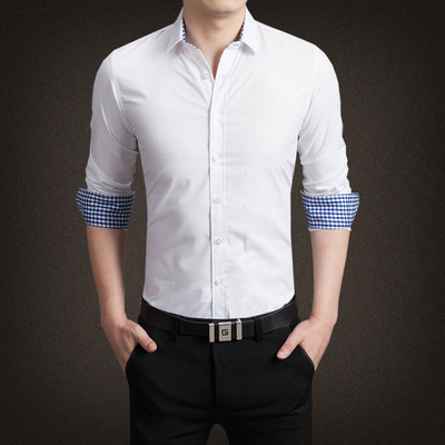 男士长袖衬衫纯色韩版修身男商务休闲衬衣免烫青年上衣薄款潮大码